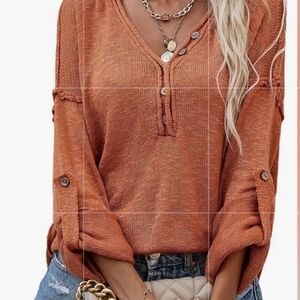 womans oversized terracotta boho knit button sleeve v neck sweater
